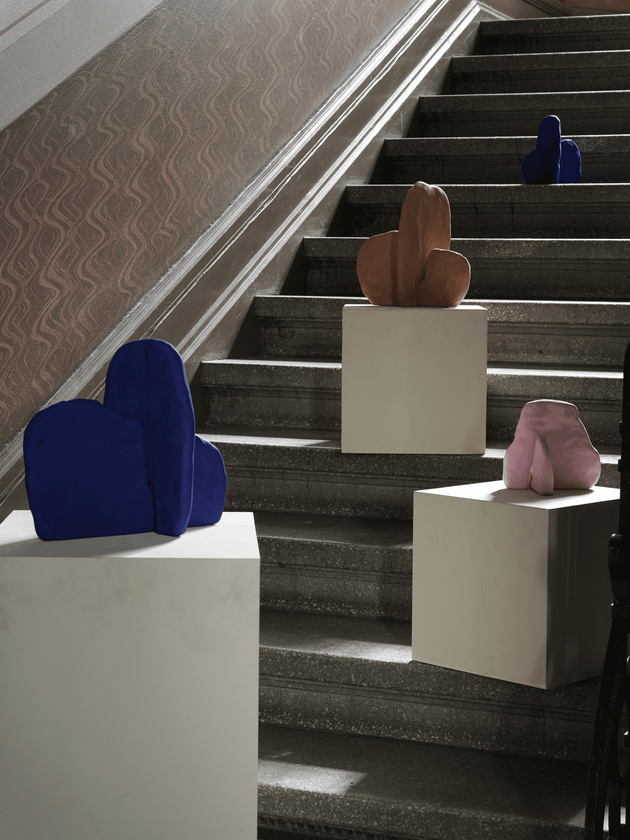 Stunning artwork made in cooperation with Mina Karami, displayed on podiums along a staircase. Styled by Emma Persson Lagerberg and photographed by Petra Bindel